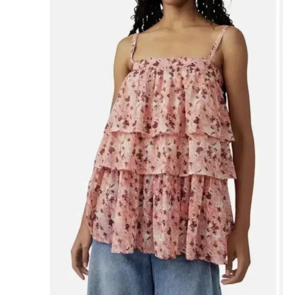 Free People Top Women's Talia Tiered Tunic Tank Top Pink Combo Small NEW. 340